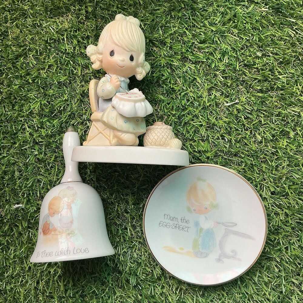 Vintage Precious Moments Mother Figurine Bell Plate Enesco 1978 3 Piece Lot